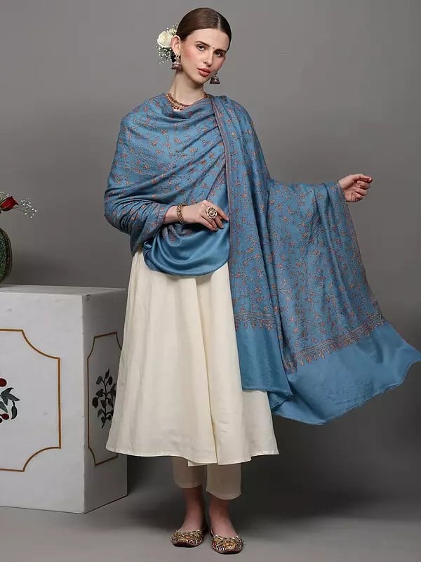 Exotic India Greyish-Blue Pure Pashmina With Sozni Embroidered Phool Bail Pattern By Hand 