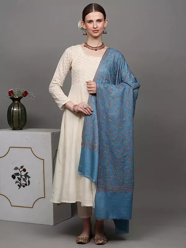 Exotic India Greyish-Blue Pure Pashmina With Sozni Embroidered Phool Bail Pattern By Hand 