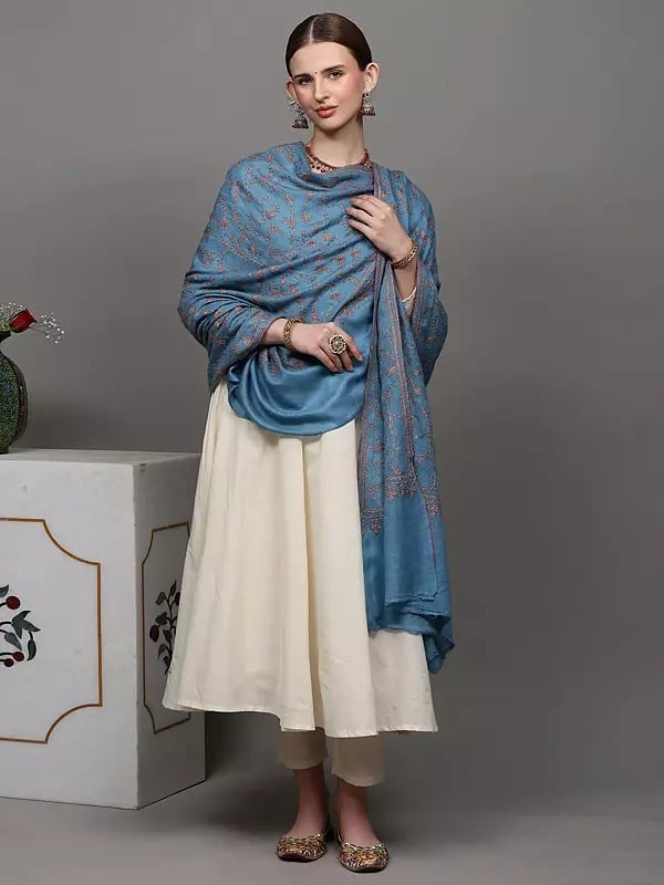 Exotic India Greyish-Blue Pure Pashmina With Sozni Embroidered Phool Bail Pattern By Hand 