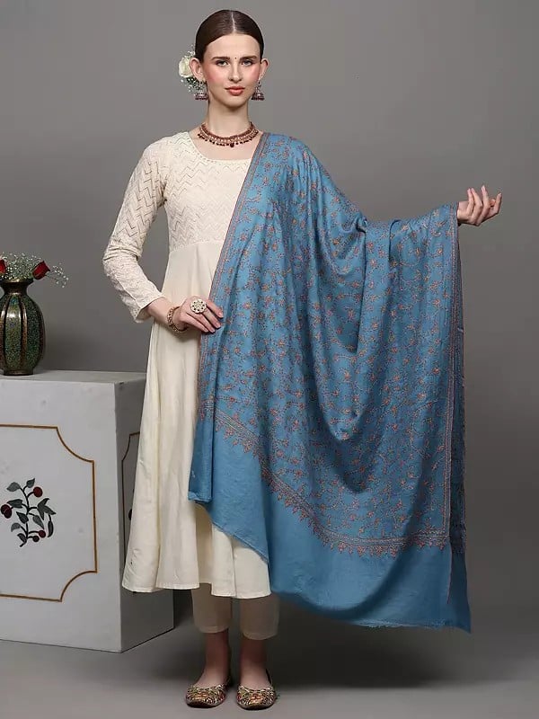 exotic india Greyish-Blue Pure Pashmina with Sozni Embroidered Phool Bail Pattern by Hand 