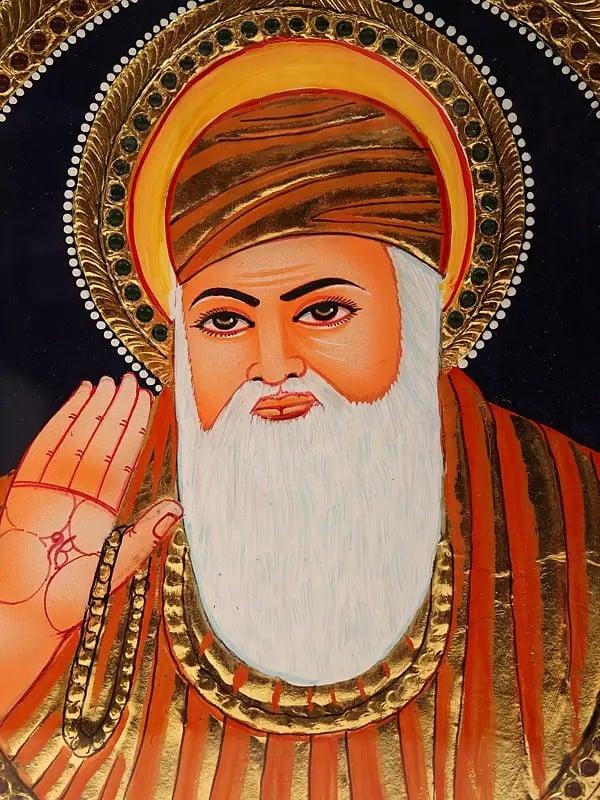 Exotic India Guru Nanak Sahib Tanjore Painting | Traditional Colors With 24K Gold | Teakwood Frame | Gold & Wood | Handmade | Made In India
