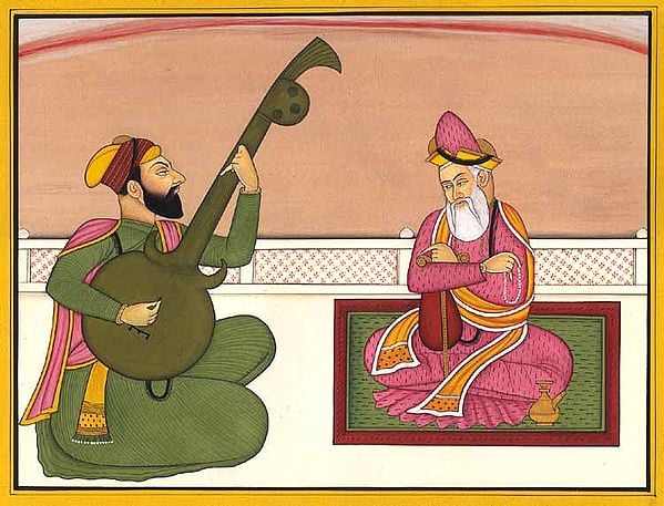 exotic india Guru Nanak with Bhai Mardana Singing Watercolor Painting 