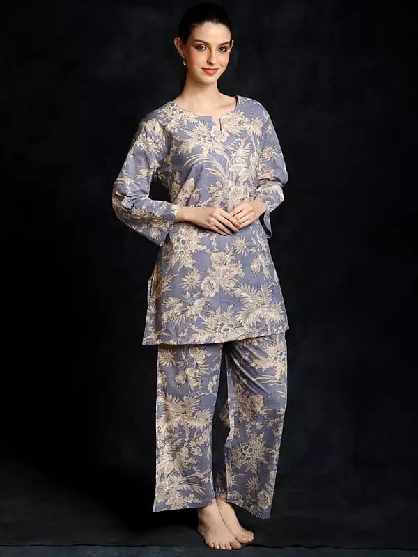 Exotic India Halogen-Blue Pure Cotton Floral Printed Co-Ord Set For Women