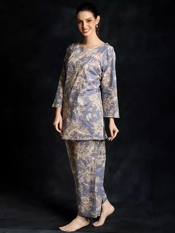 Exotic India Halogen-Blue Pure Cotton Floral Printed Co-Ord Set For Women