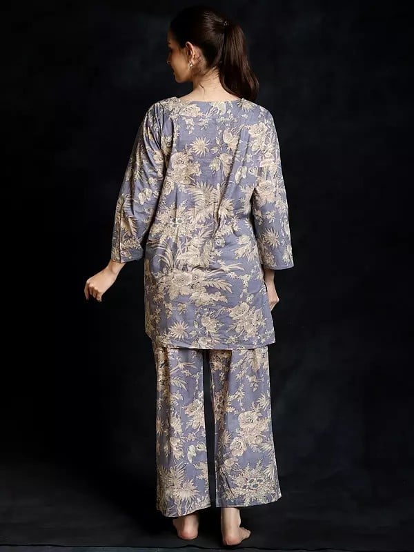 Exotic India Halogen-Blue Pure Cotton Floral Printed Co-Ord Set For Women
