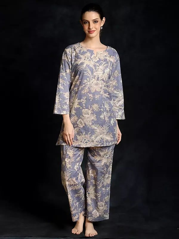 exotic india Halogen-Blue Pure Cotton Floral Printed Co-Ord Set for Women