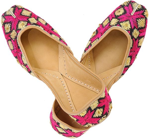 exotic india Hand-Embroidered Phulkari Jooti from Punjab with Sequins 