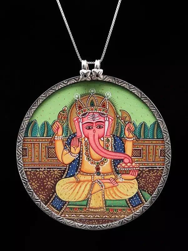 Exotic India Hand Painted Chaturbhuja Lord Ganesha Pendant