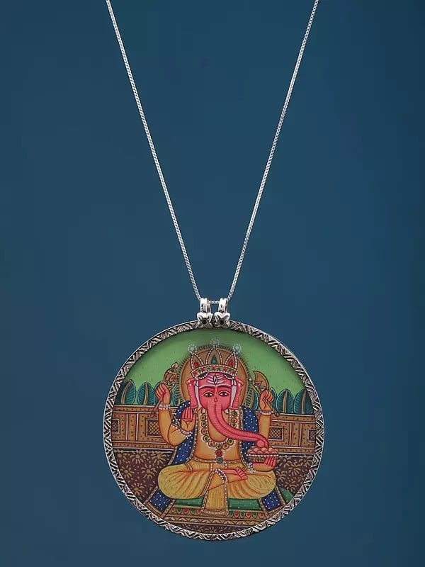 Exotic India Hand Painted Chaturbhuja Lord Ganesha Pendant