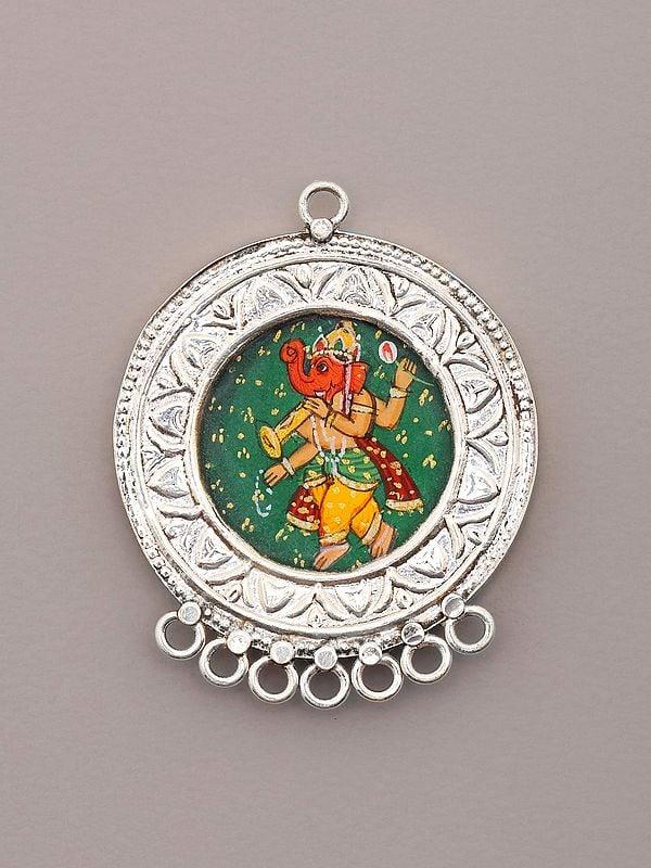 exotic india Hand-Painted Chaturbhuja Lord Ganesha Pendant