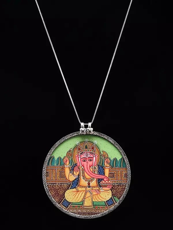 exotic india Hand Painted Chaturbhuja Lord Ganesha Pendant