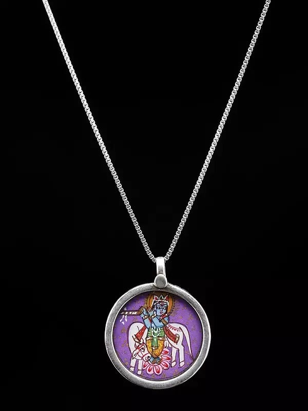 Exotic India Hand-Painted Fluting Krishna With His Cow Pendant 