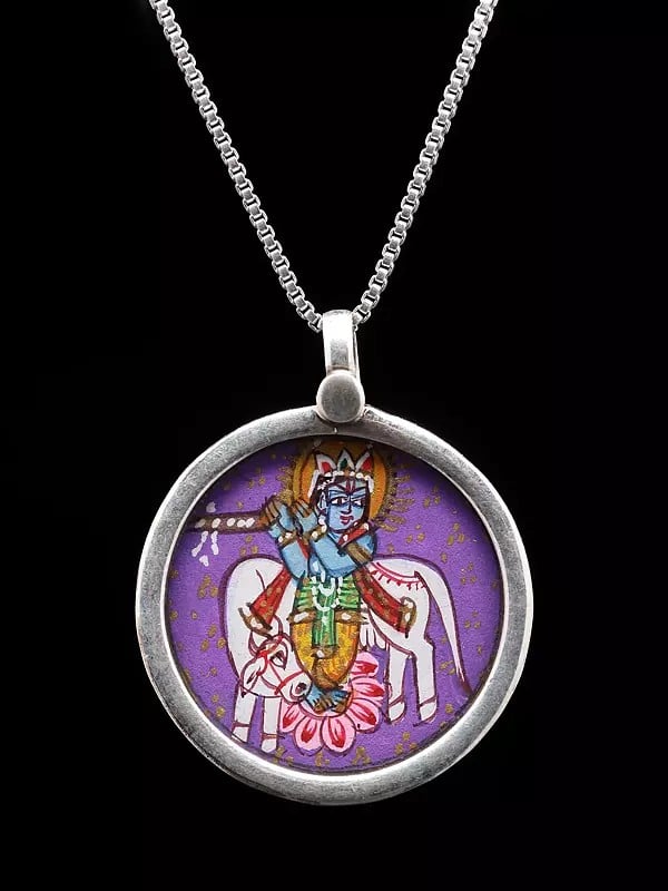exotic india Hand-Painted Fluting Krishna with His Cow Pendant
