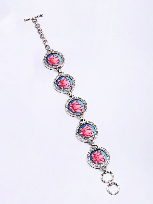 Exotic India Hand-Painted Lotus Sterling Silver Bracelet 