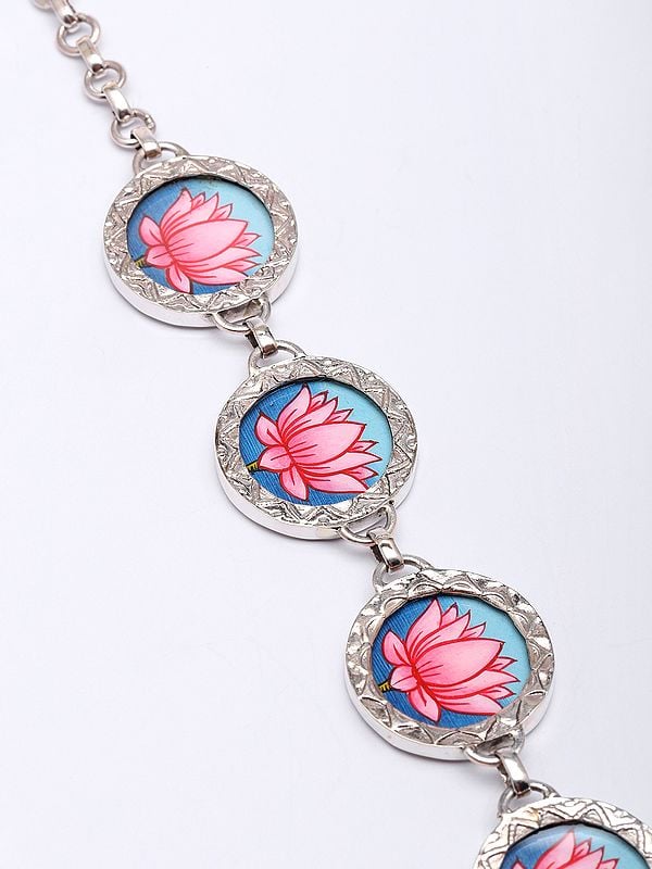 Exotic India Hand-Painted Lotus Sterling Silver Bracelet 