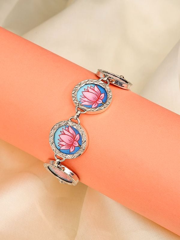 Exotic India Hand-Painted Lotus Sterling Silver Bracelet 