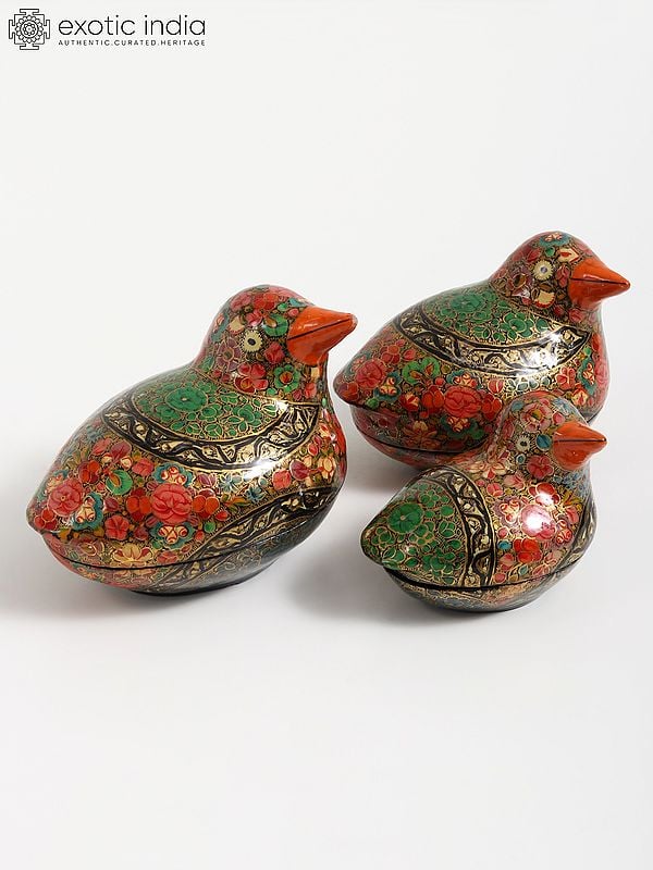 Exotic India Hand-Painted Papier Mache Bird Box (Set Of 3) | 24 Karat Gold Work | From Kashmir