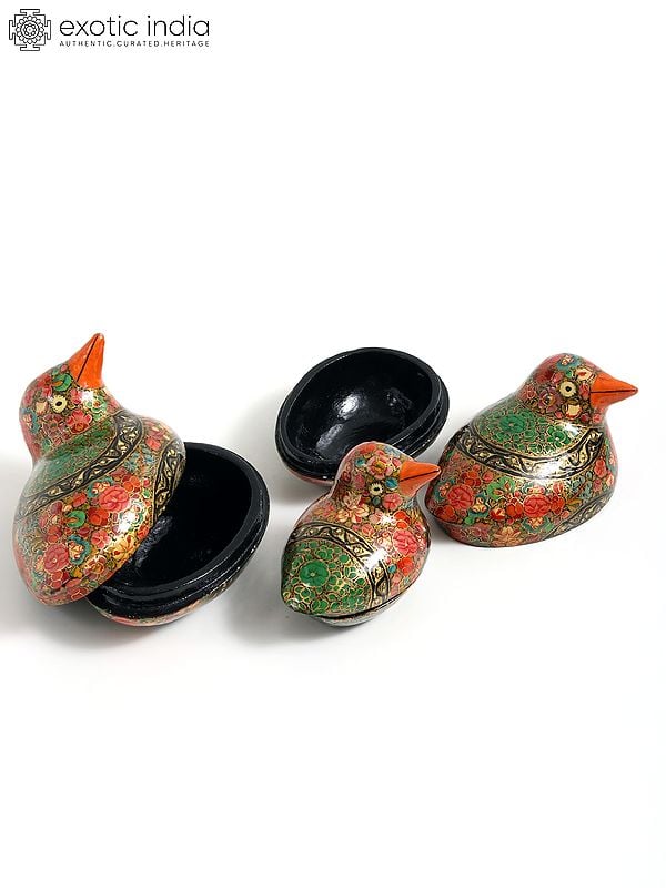 Exotic India Hand-Painted Papier Mache Bird Box (Set Of 3) | 24 Karat Gold Work | From Kashmir