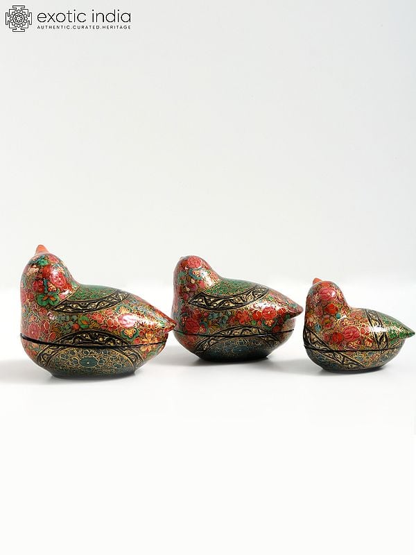 Exotic India Hand-Painted Papier Mache Bird Box (Set Of 3) | 24 Karat Gold Work | From Kashmir