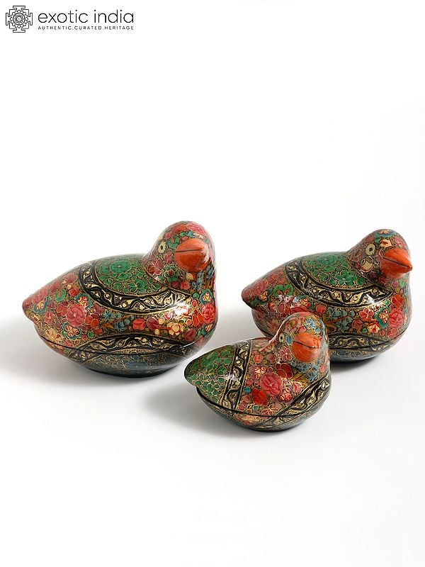 exotic india Hand-Painted Papier Mache Bird Box (Set of 3) | 24 Karat Gold Work | From Kashmir 