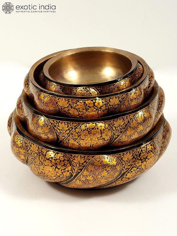 Exotic India Hand-Painted Papier Mache Bowl With Brass Inside (Set Of 4) | 24 Karat Gold Work | From Kashmir