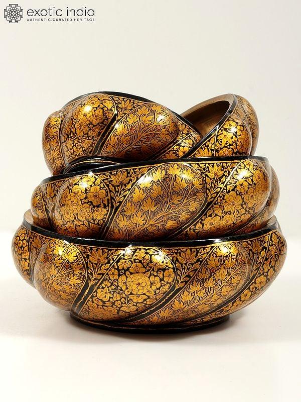 Exotic India Hand-Painted Papier Mache Bowl With Brass Inside (Set Of 4) | 24 Karat Gold Work | From Kashmir