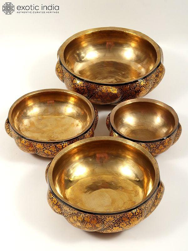 Exotic India Hand-Painted Papier Mache Bowl With Brass Inside (Set Of 4) | 24 Karat Gold Work | From Kashmir