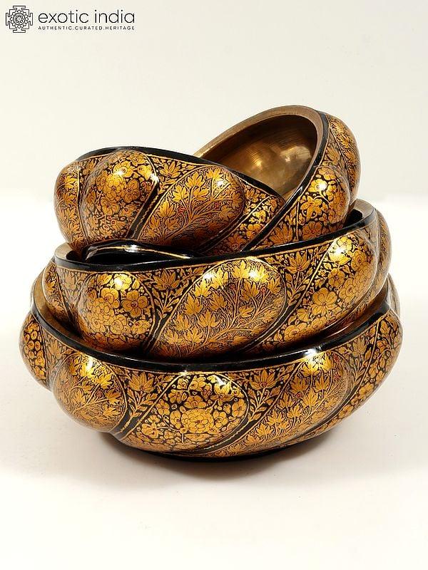 exotic india Hand-Painted Papier Mache Bowl with Brass Inside (Set of 4) | 24 Karat Gold Work | From Kashmir