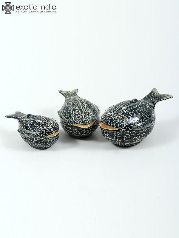 Exotic India Hand-Painted Papier Mache Fish Box (Set Of 3) | From Kashmir 