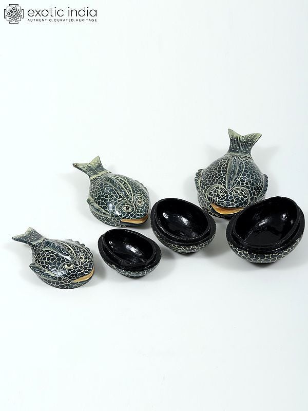Exotic India Hand-Painted Papier Mache Fish Box (Set Of 3) | From Kashmir 