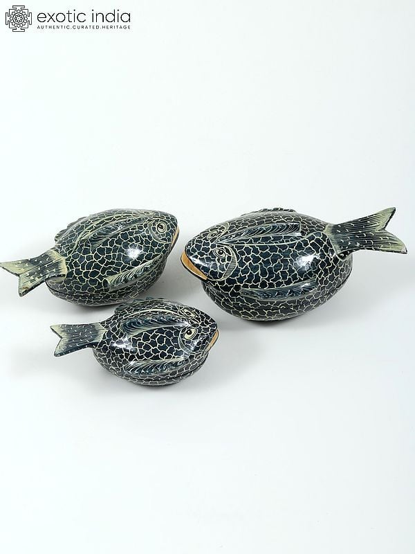 exotic india Hand-Painted Papier Mache Fish Box (Set of 3) | From Kashmir 