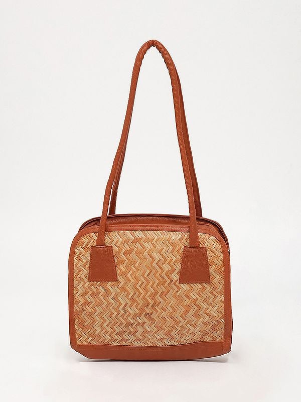 exotic india Handcrafted Bomboo Shoulder Bag with Dual Zip 