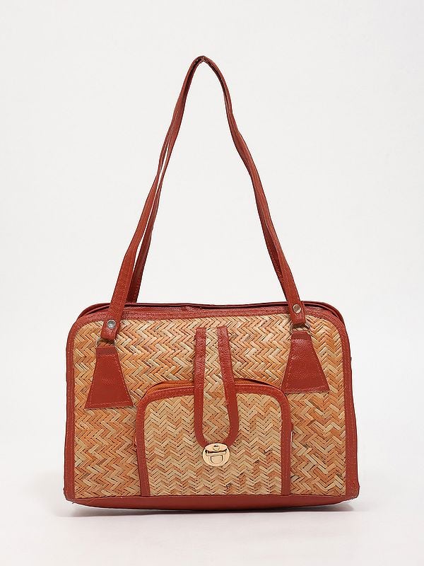 exotic india Handcrafted Natural Bamboo Stripe Hand Bag 