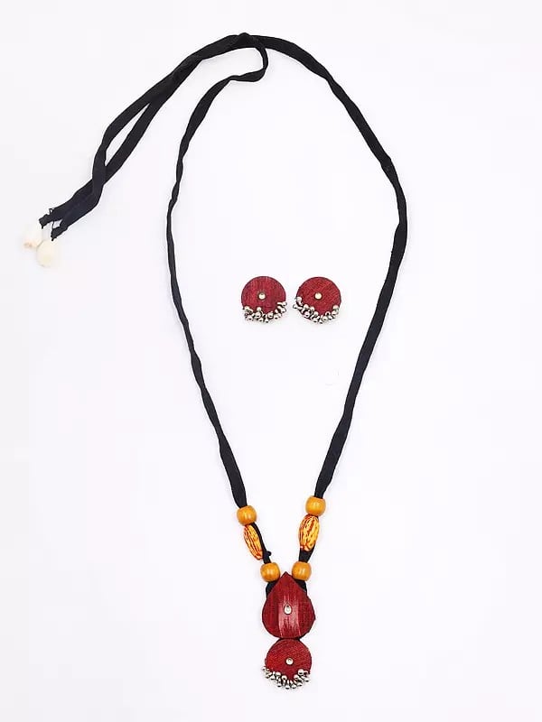 Exotic India Handloom Sambalpuri Fabric Long Necklace And Earrings Set