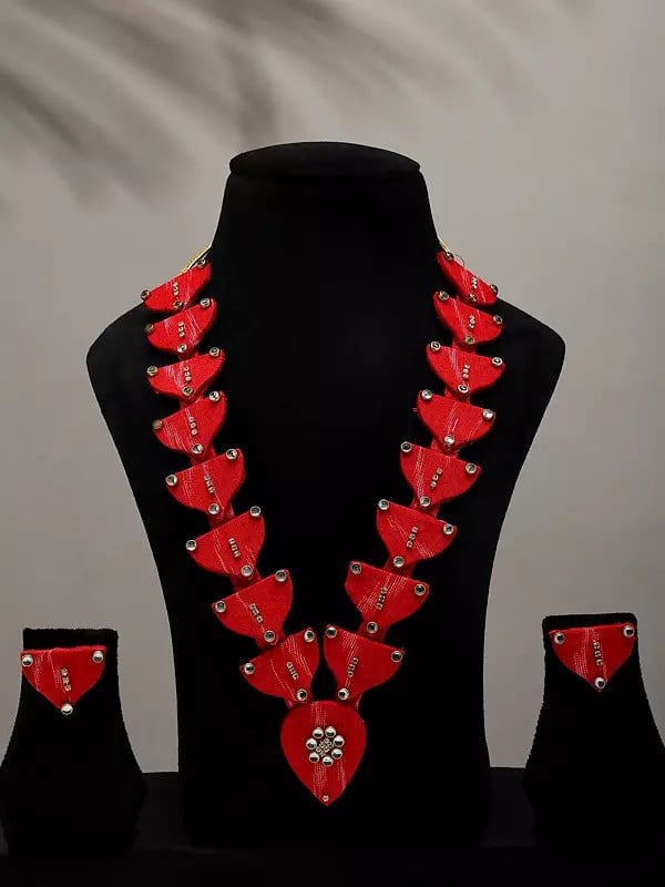 exotic india Handloom Sambalpuri Fabric Long Necklace and Earrings Set