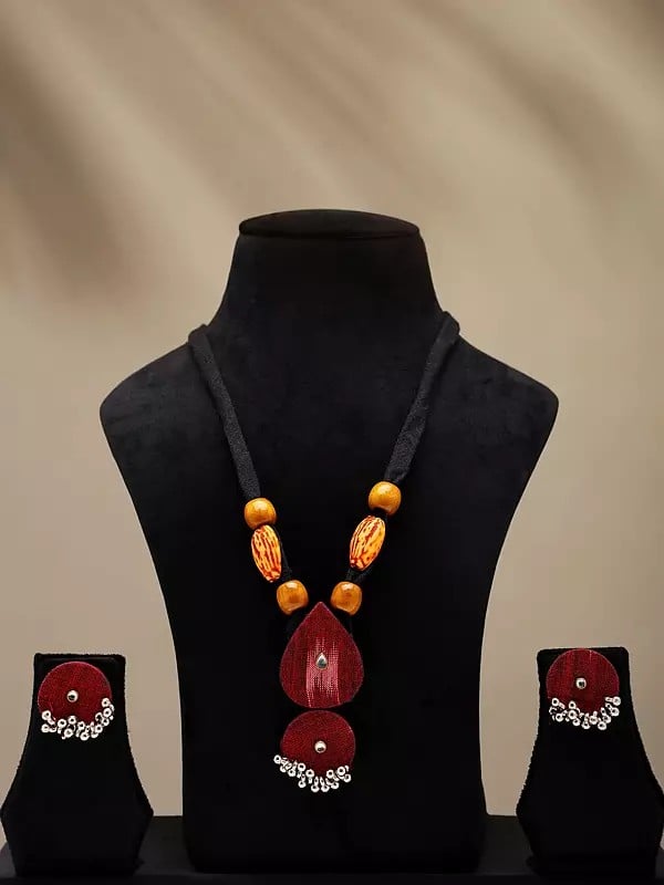 exotic india Handloom Sambalpuri Fabric Long Necklace and Earrings Set