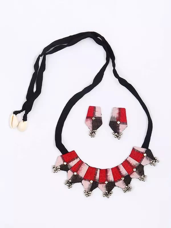 Exotic India Handloom Sambalpuri Fabric Necklace And Earrings Set With Dangling Beads 