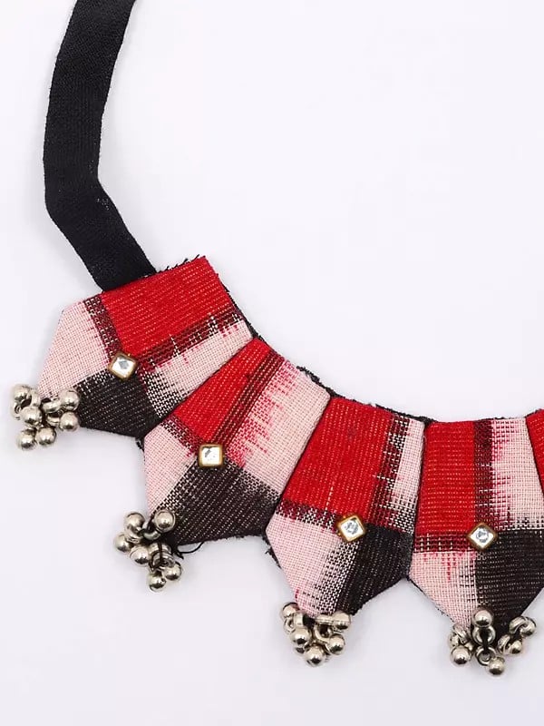 Exotic India Handloom Sambalpuri Fabric Necklace And Earrings Set With Dangling Beads 