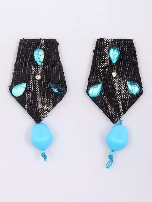 Exotic India Handloom Sambalpuri Fabric Necklace And Earrings Set With Dangling Tumbled Stone
