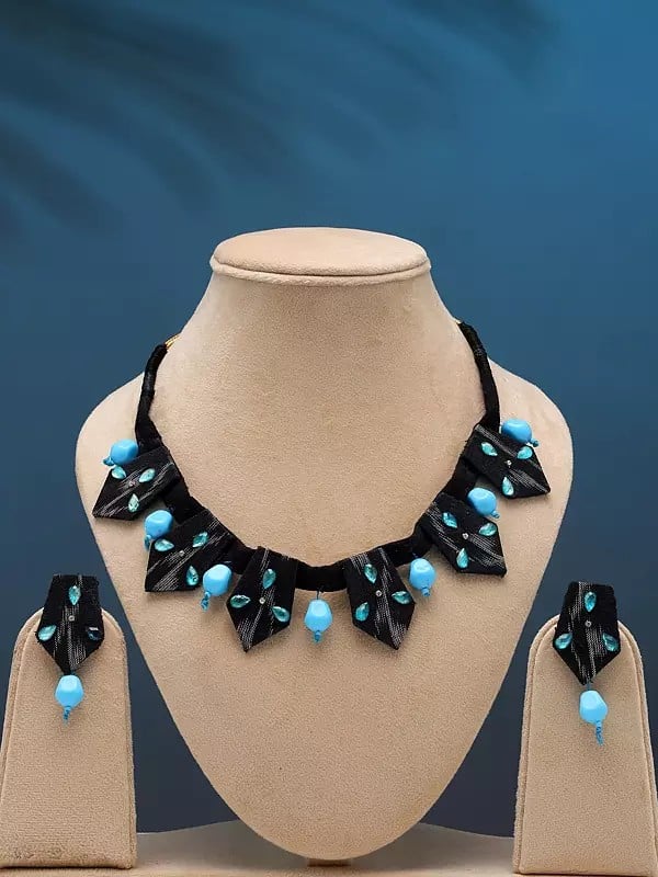 exotic india Handloom Sambalpuri Fabric Necklace and Earrings Set with Dangling Tumbled Stone