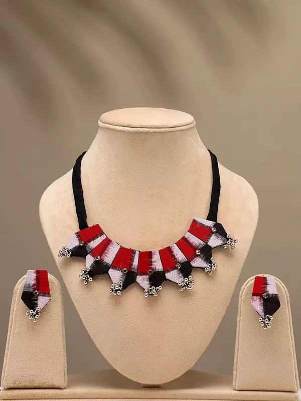 exotic india Handloom Sambalpuri Fabric Necklace and Earrings Set with Dangling Beads 