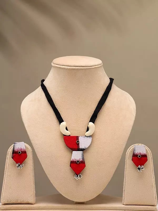 exotic india Handloom Sambalpuri Fabric Necklace Set with Earrings