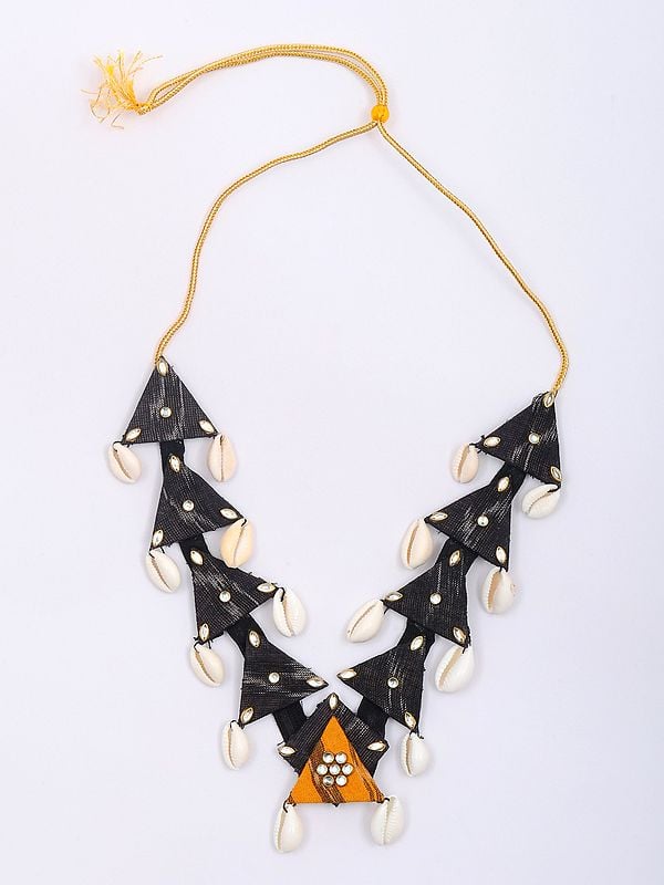 Exotic India Handloom Sambalpuri Fabric Necklace With Dangling Shell And Earrings Set