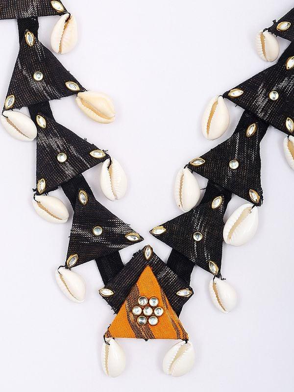 Exotic India Handloom Sambalpuri Fabric Necklace With Dangling Shell And Earrings Set