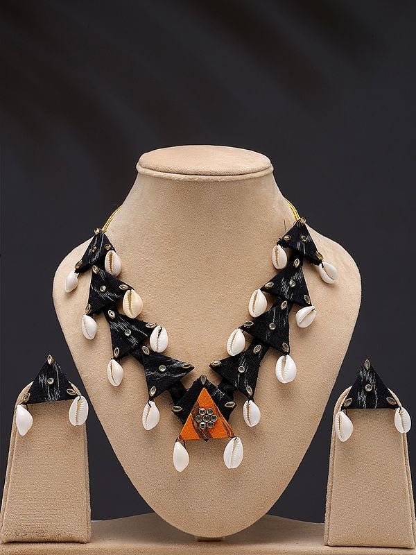 exotic india Handloom Sambalpuri Fabric Necklace with Dangling Shell and Earrings Set 