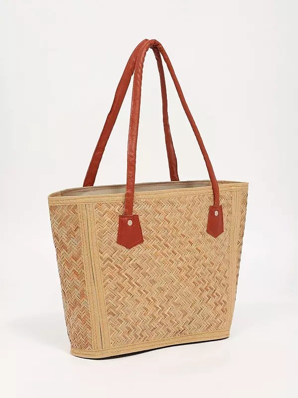 Exotic India Handmade Bamboo Tote Bag With Zipper Closure 