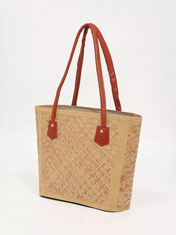 Exotic India Handmade Bamboo Tote Bag With Zipper Closure 