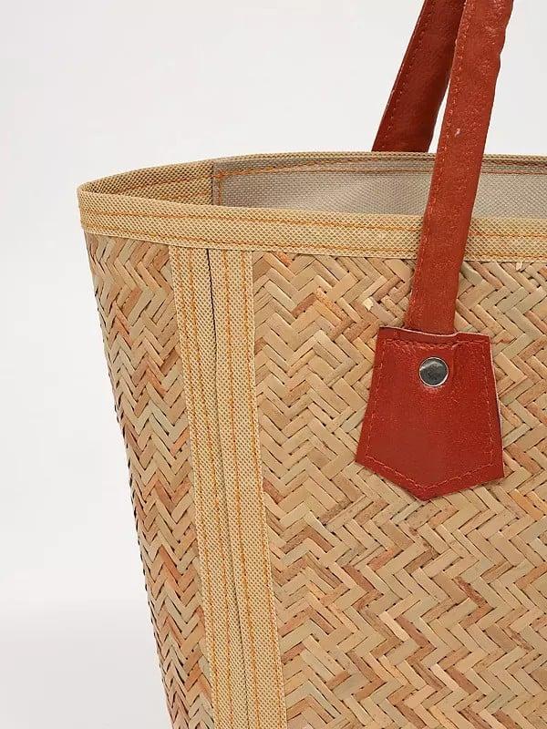 Exotic India Handmade Bamboo Tote Bag With Zipper Closure 