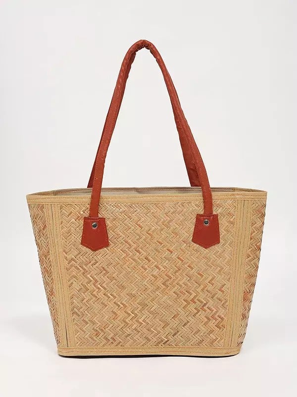 exotic india Handmade Bamboo Tote Bag with Zipper Closure 