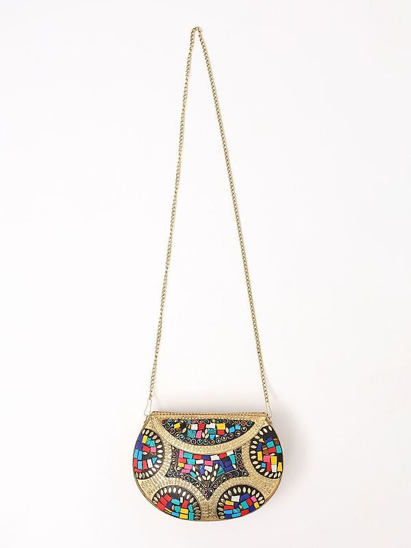 Exotic India Handmade Clutch Hand Bag With Mosaic Work And Shoulder Chain
